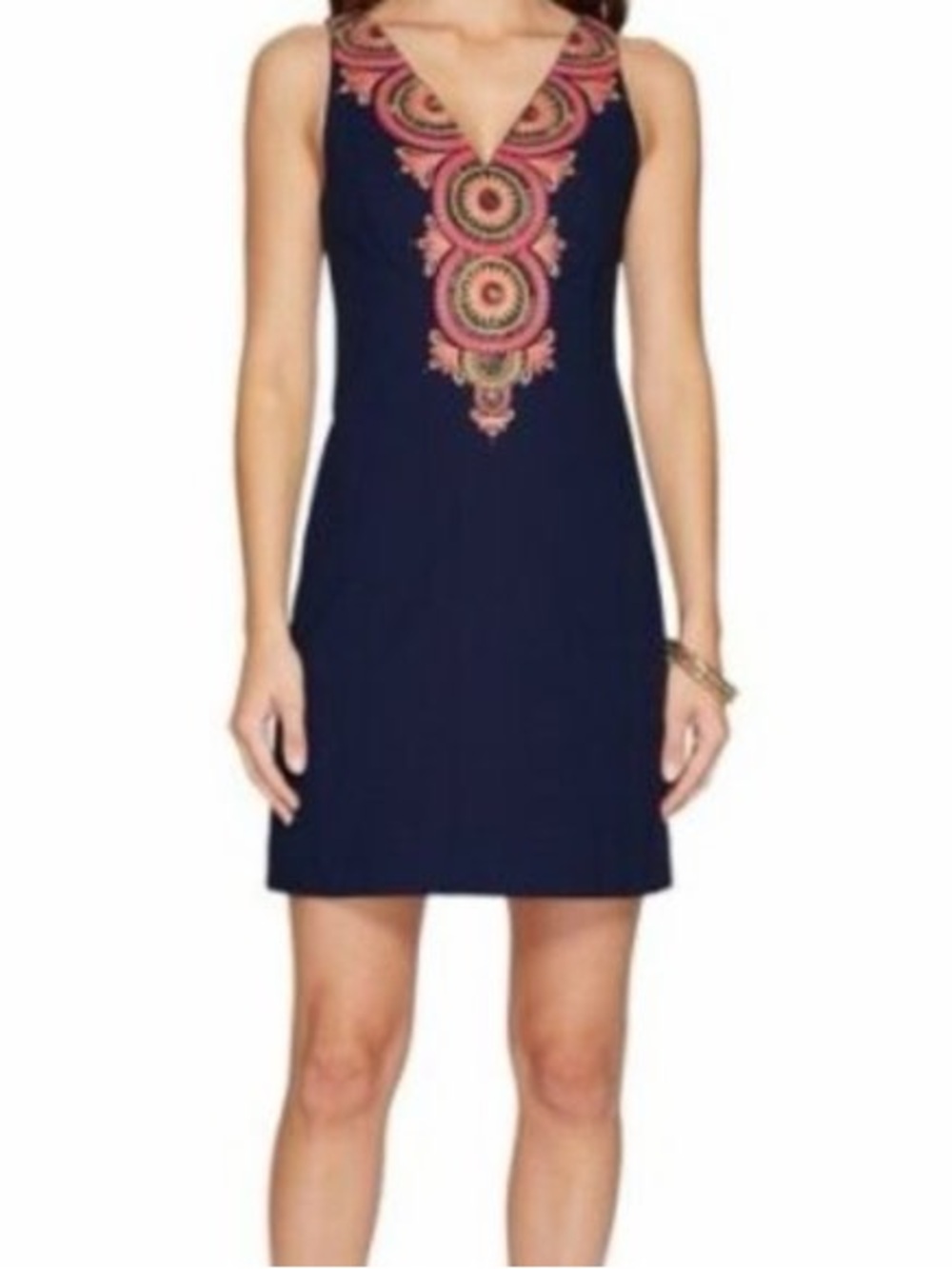 Lilly Pulitzer Navy Shift Dress with Pink & Gold Embroidered V-Front
